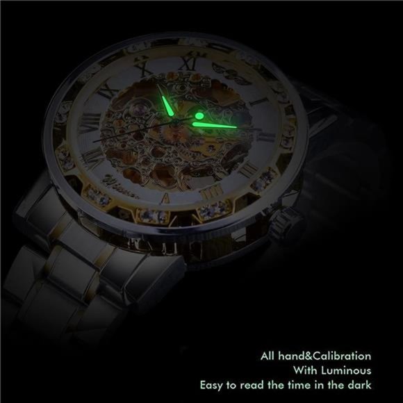 Retro Manual Mechanical Skeleton Watch with Diamond& Carving Flower, SilverWhite - Picture 6 of 6